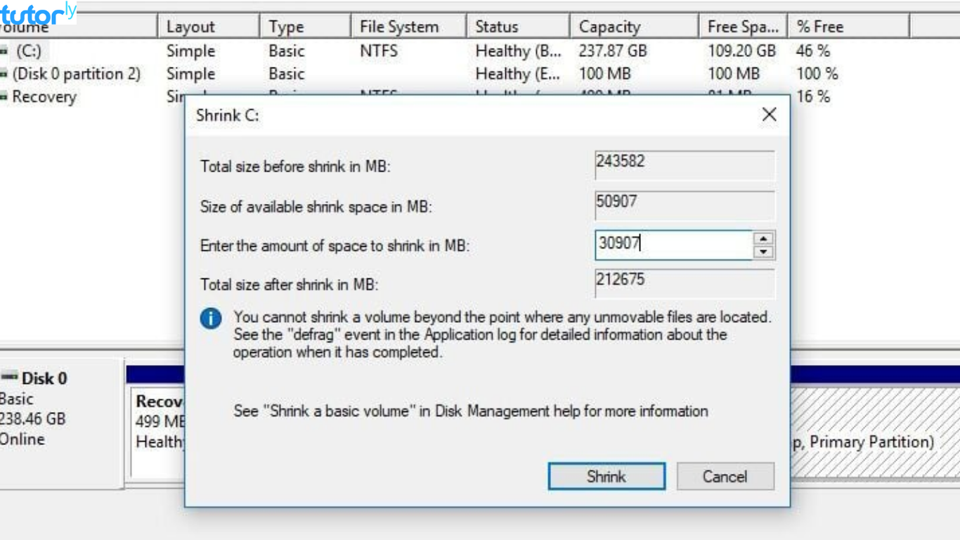 cara mengurangi partisi hardisk